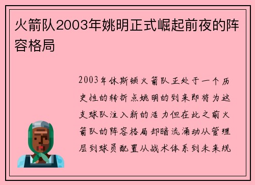 火箭队2003年姚明正式崛起前夜的阵容格局